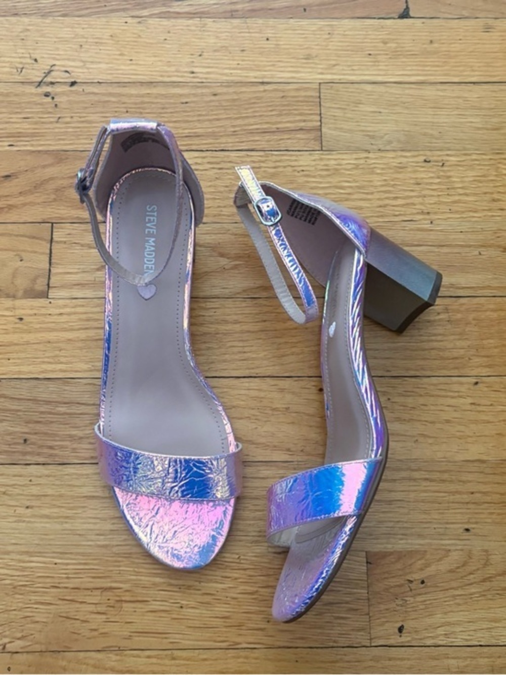 Steve Madden Iridescent Block Heel Sandals Ankle Strap Open Toe Party Size 7